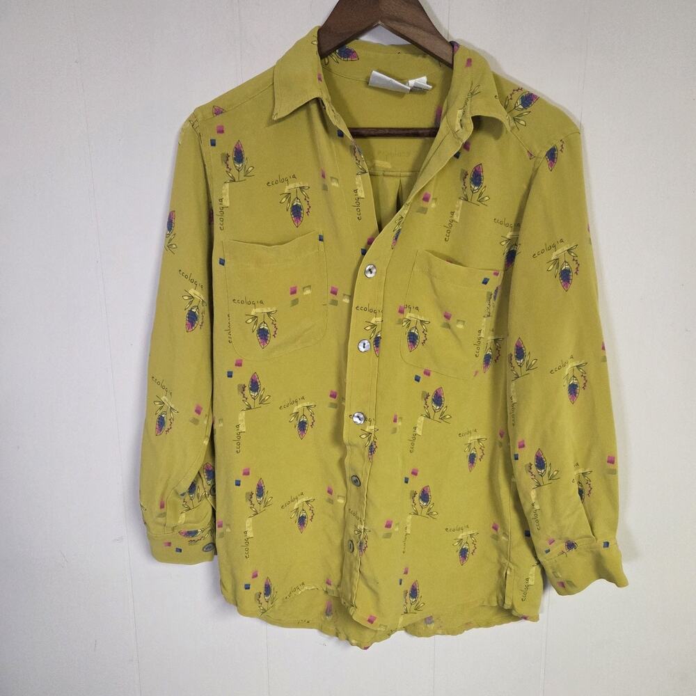 Vintage Chicos Yellow Silk Patterned Button Down Top Size 1 (Missing Button)